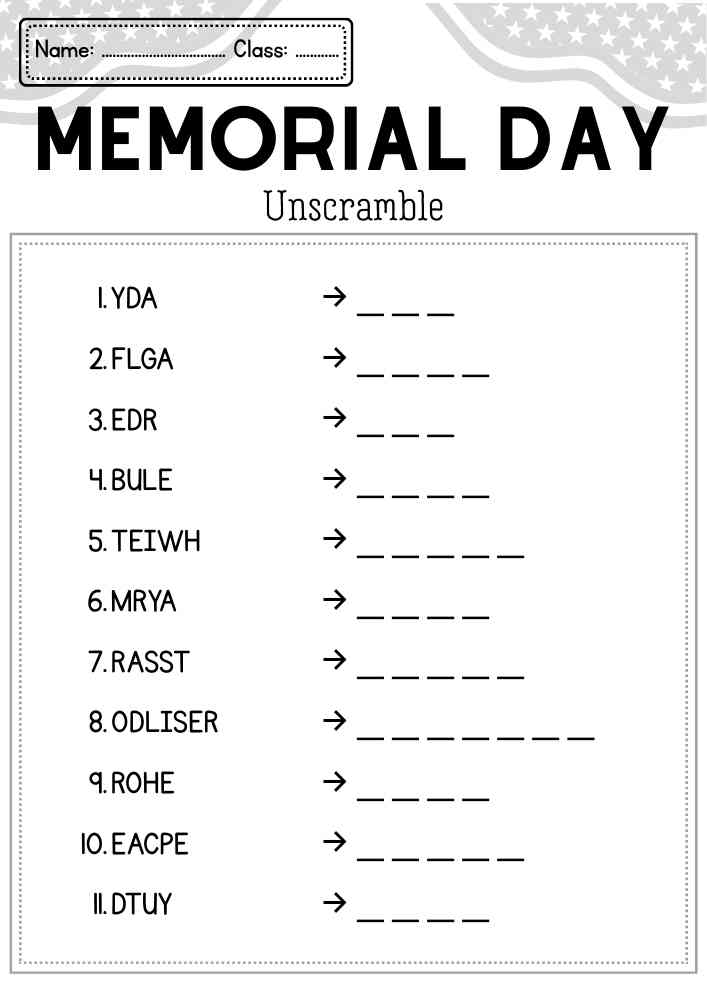 Memorial Day Word Scramble 11 Words